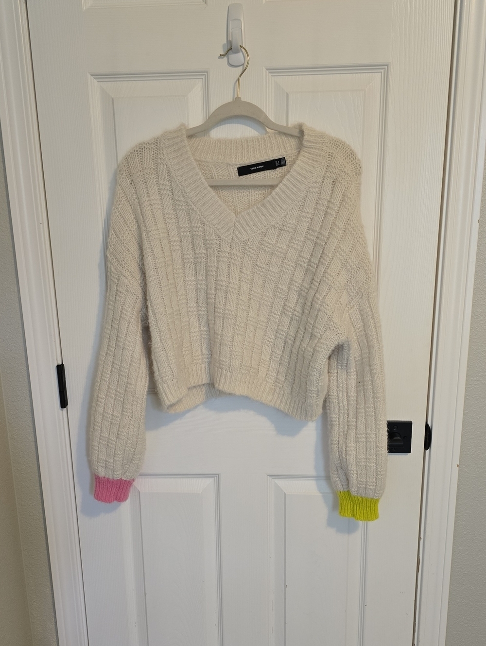 Vero Moda Cream V-Neck Sweater with Pink & Yellow Cuffs